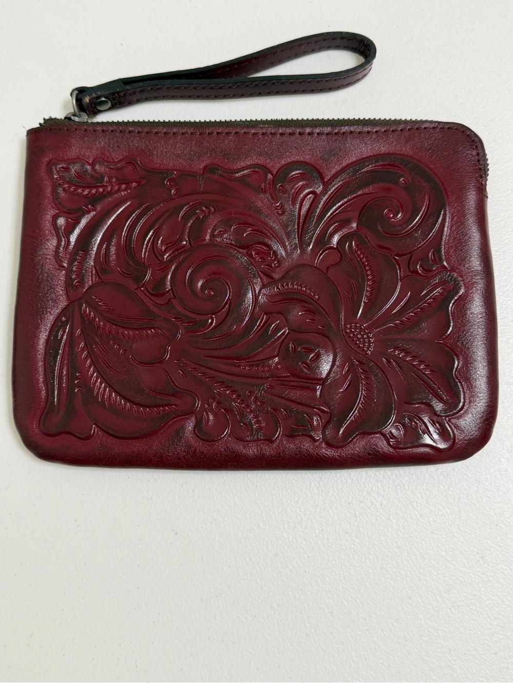 Patricia Nash Oxblood Tooled Leather Wristlet P349244 Floral Continental Pouch